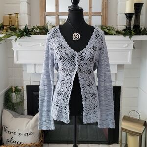 Vintage Cottage Core Light Blue Crochet Long Sleeve Ramie/Cotton Cardigan Large